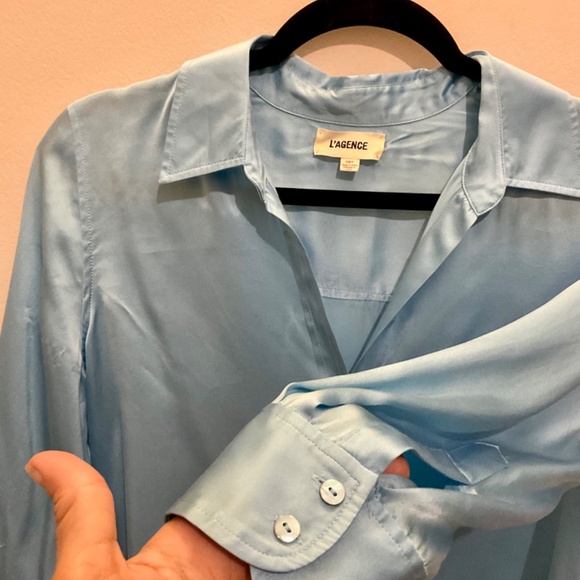 L'Agence Dani Silk Satin 3/4-Sleeve Button-Down Blouse Light Aqua XSmall - Picture 5 of 14